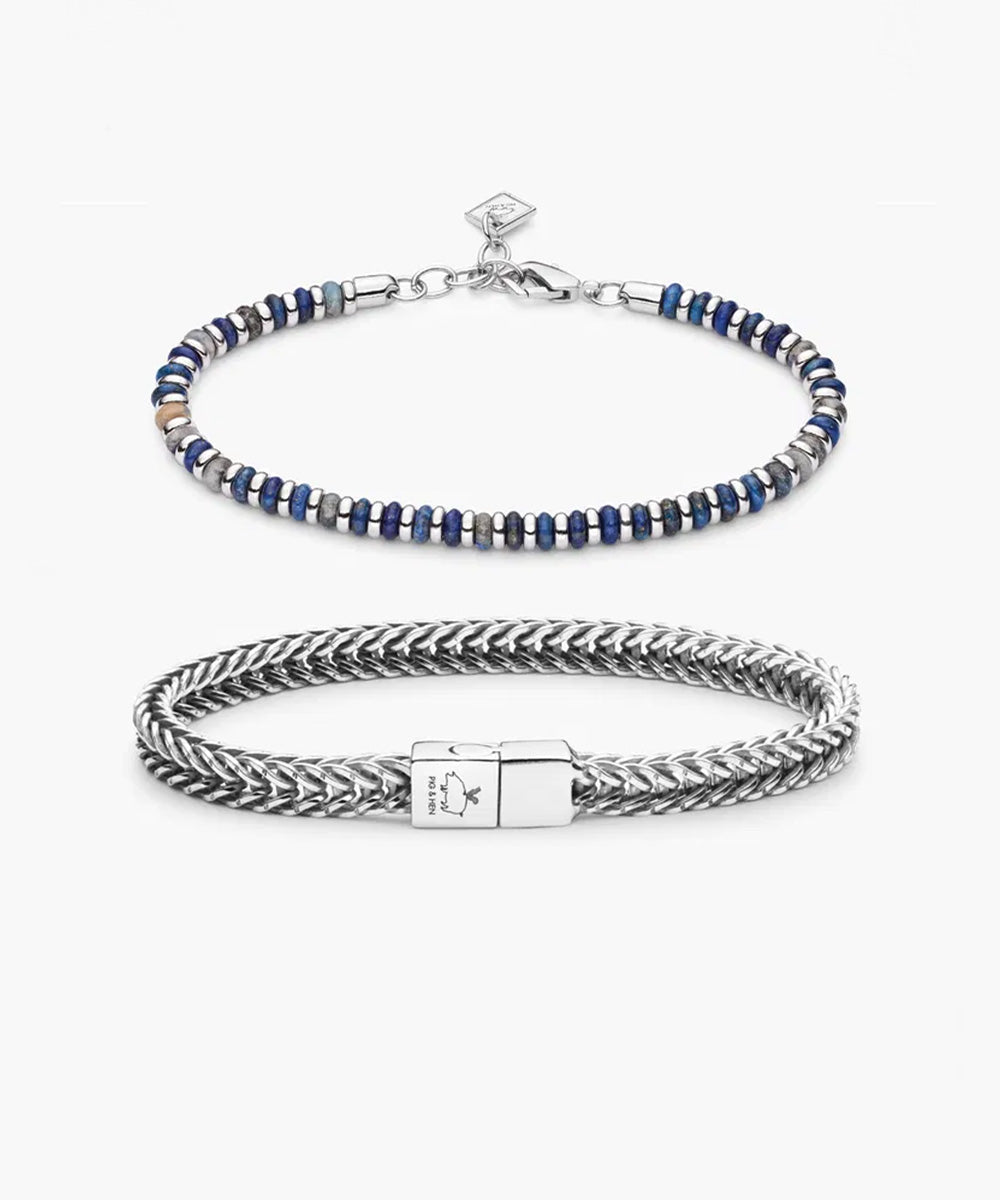 925 Sterling Silver Brontide Lapis Lazuli & Herringbone Chain Set